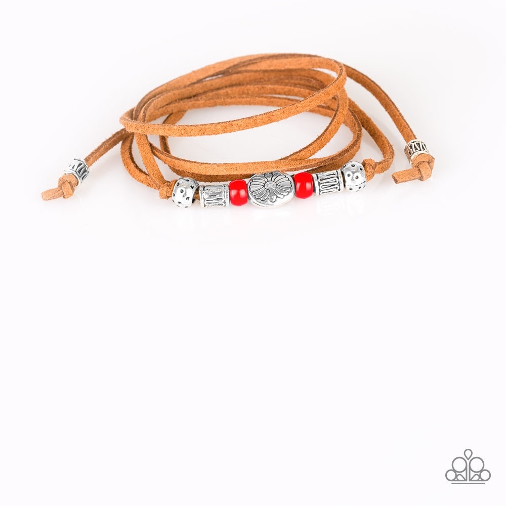 Leather wrap bracelet with silver and red stones